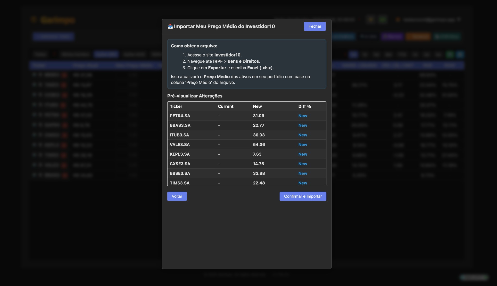Importar Preço Médio (Investidor10)