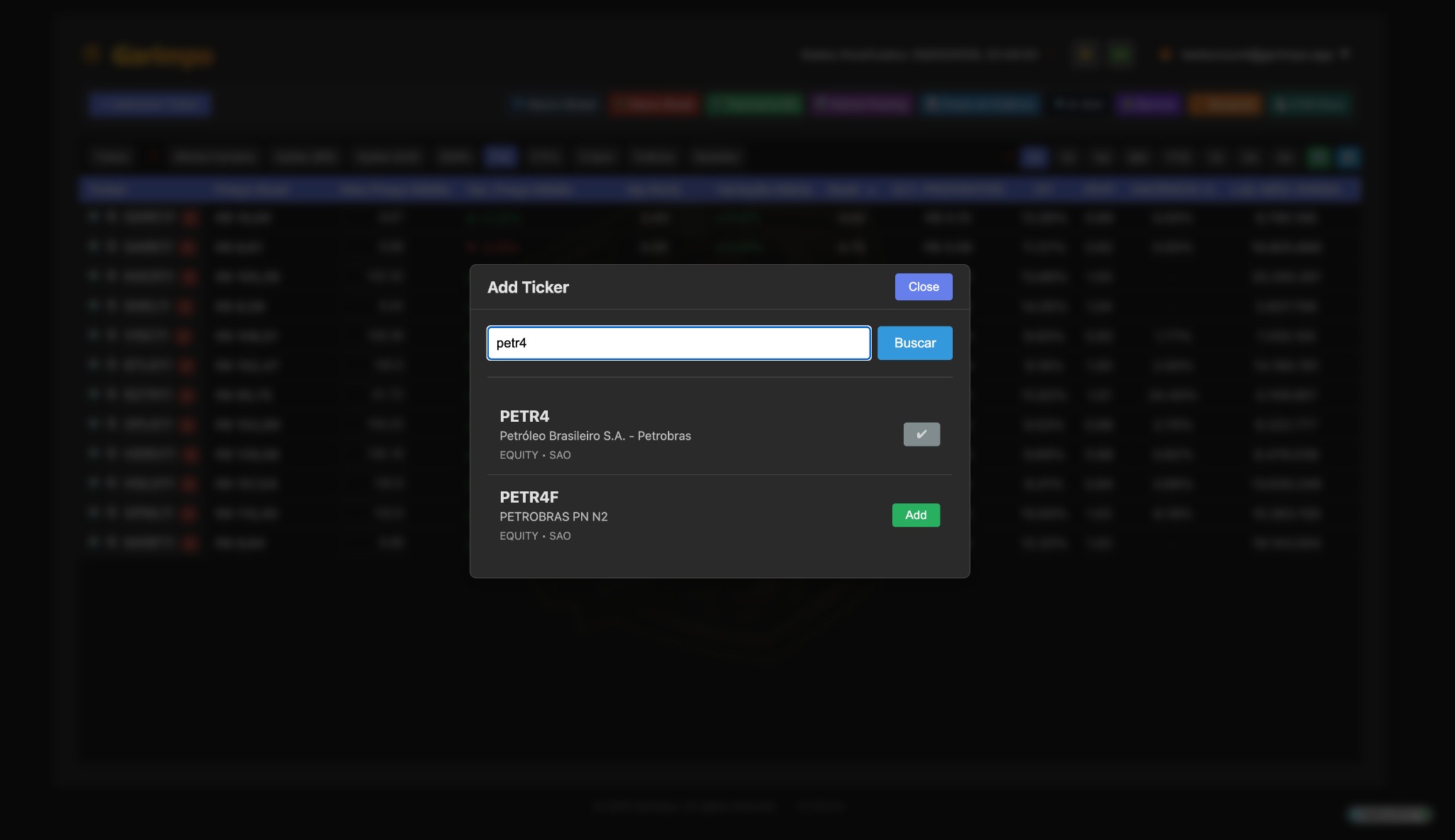 Modal de Adicionar Ticker