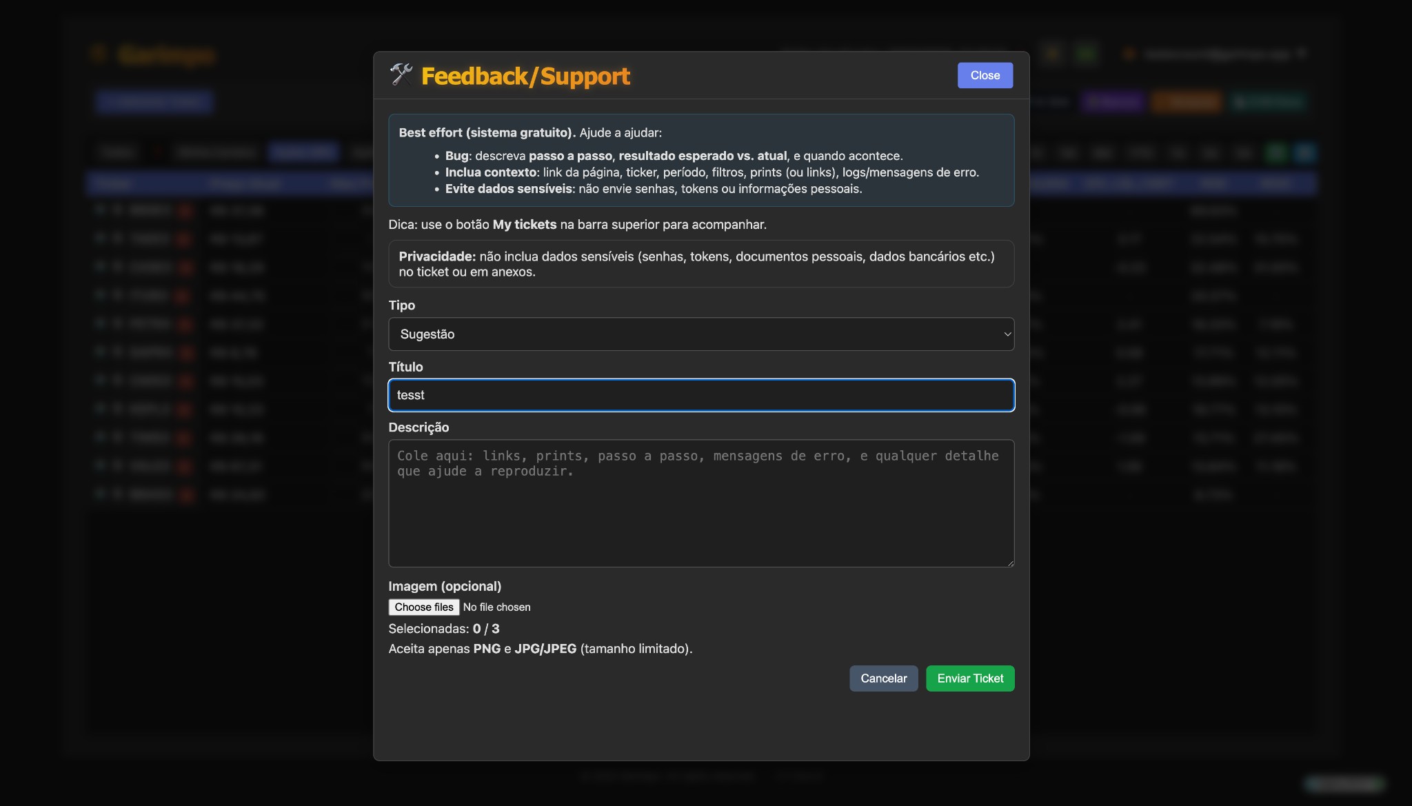 Feedback/Support (Criar Ticket)